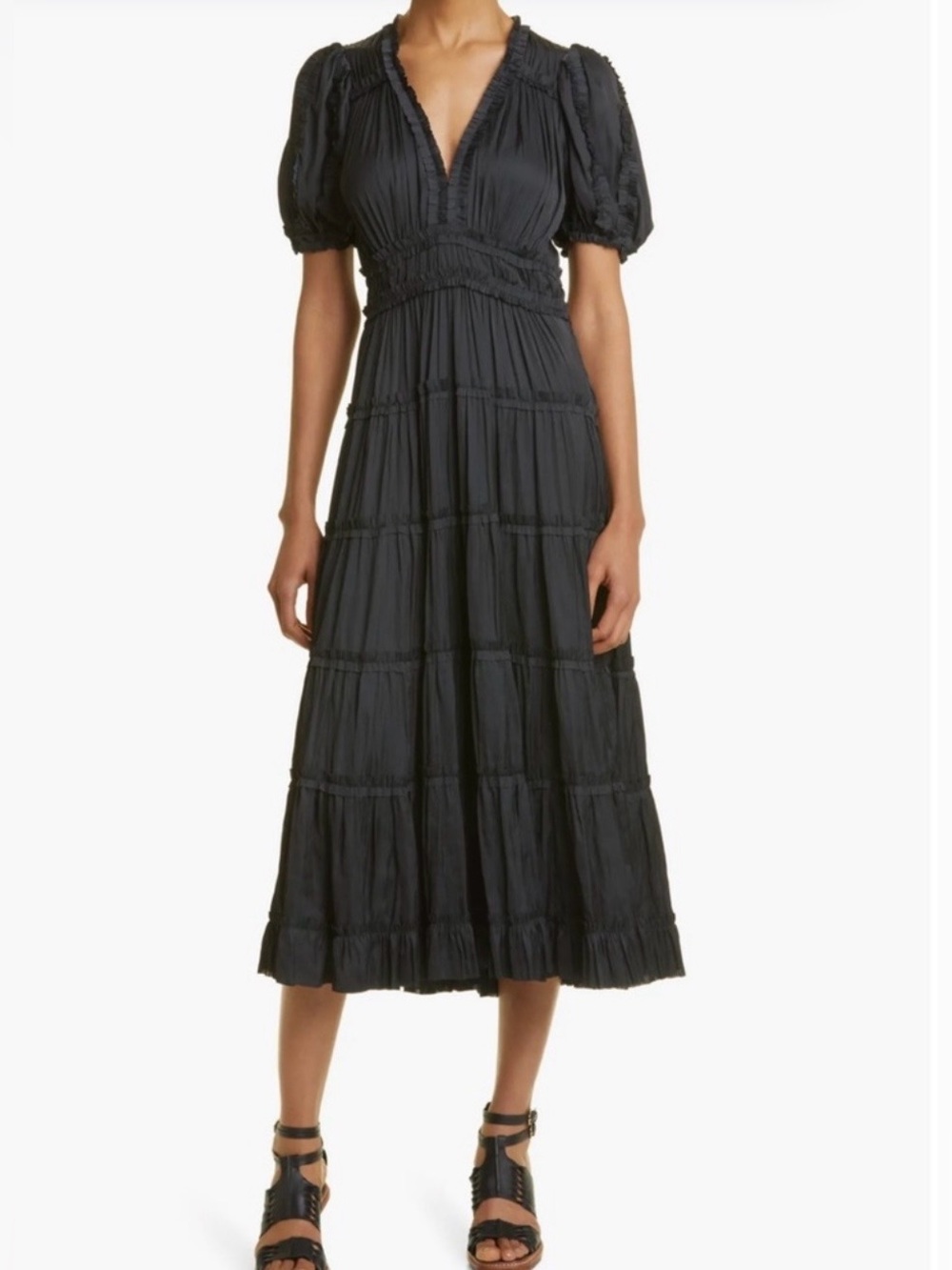 Lula  Johnson Olivia Puff-Sleeve Plisse Ruffle Midi Dress Size 8